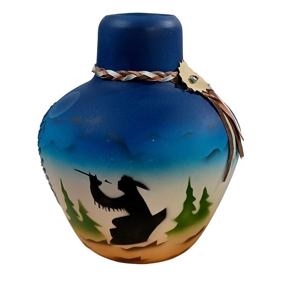 2 Native American Pottery Vases Dreamcatcher Buffalo Southwest Eagle Fea… - Picture 8 of 13